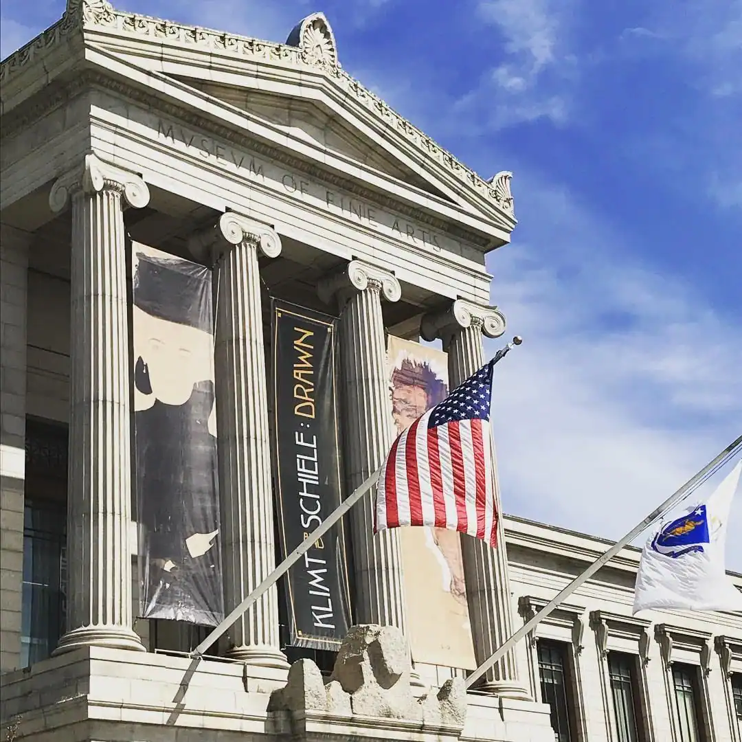 Secesja typeface on the MFA Boston exterior banners for Klimt & Schiele: Drawn