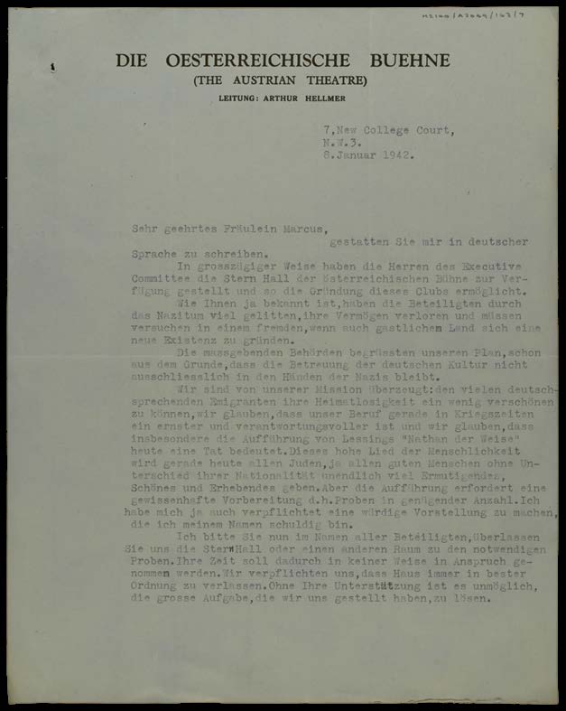 Letter from Arthur Hellmer to Fräulein Marcus of the West London Synagogue of British Jews, Paper, London, January 8, 1942