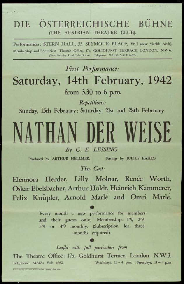 Poster for the premiere of Nathan the Wise, The Austrian Theatre, Paper, London, February 14, 1942