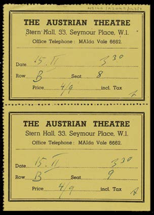 Two ticket stubs for a performance of Nathan the Wise by The Austrian Theatre at Stern Hall of the West London Synagogue of British Jews, Paper, London, February 15, 1942